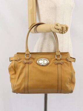 Christian Dior Hand Bag Leather Beige Silver Auth ep13147